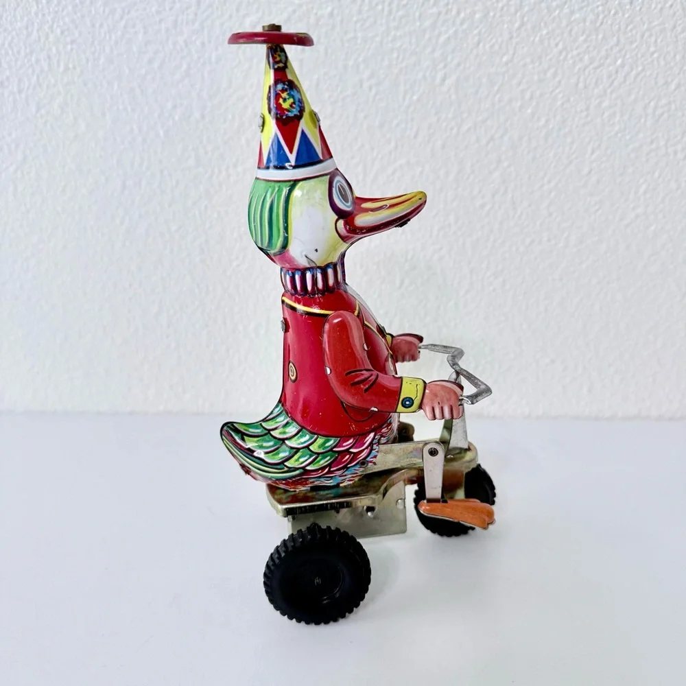 Vintage Litho Tin Toy Duck On Tricycle - Attached Key - 1970s-Collectible